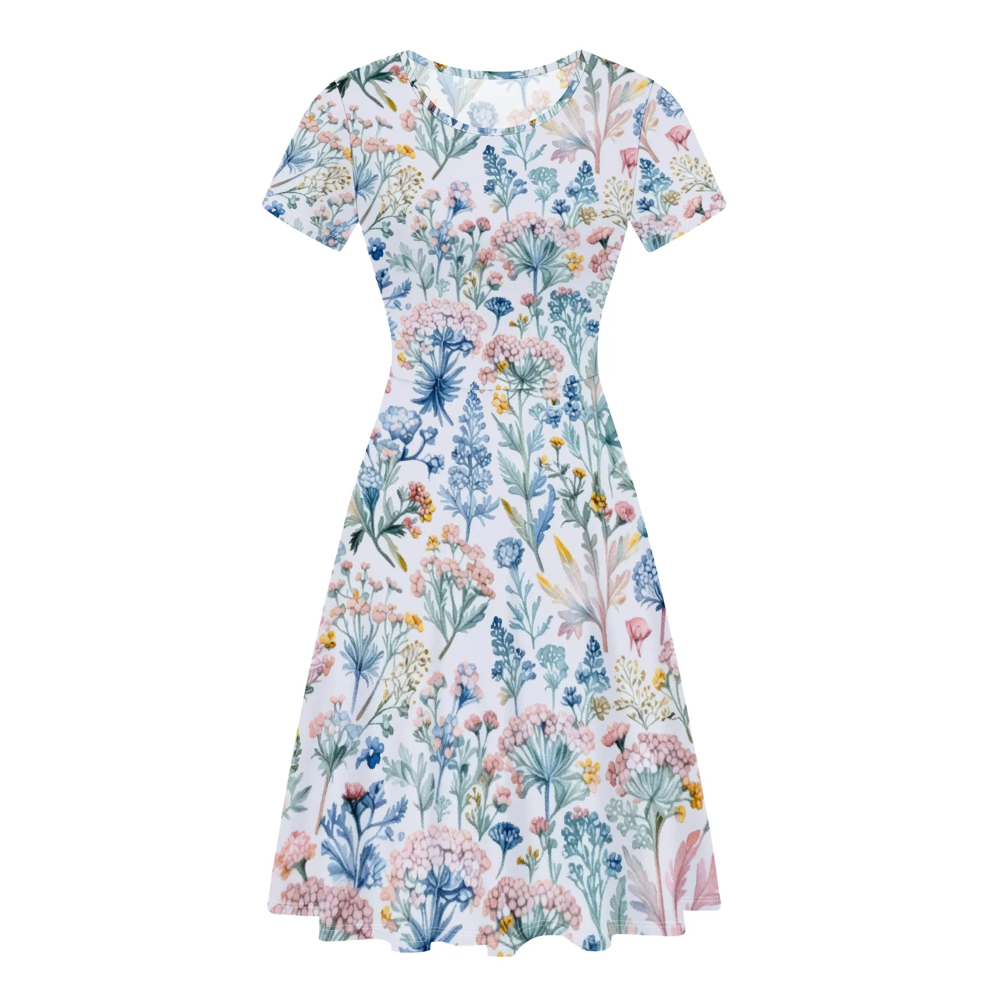 ชุดเดรสเสื้อยืดฤดูร้อนลําลองของผู้หญิงแขนสั้นชุดสวิงพร้อมกระเป๋า