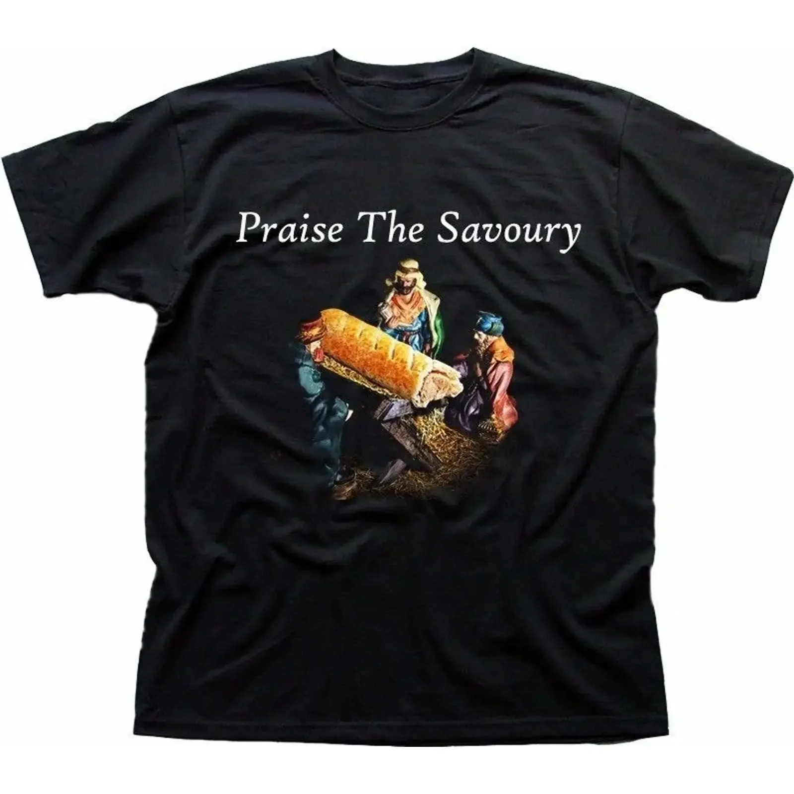 T Shirt Praise the Savory Funny Sausage in Manger Greggs Christmas 9213 Image 1 of 2 vintage Washed Casual Comfortable Stylish