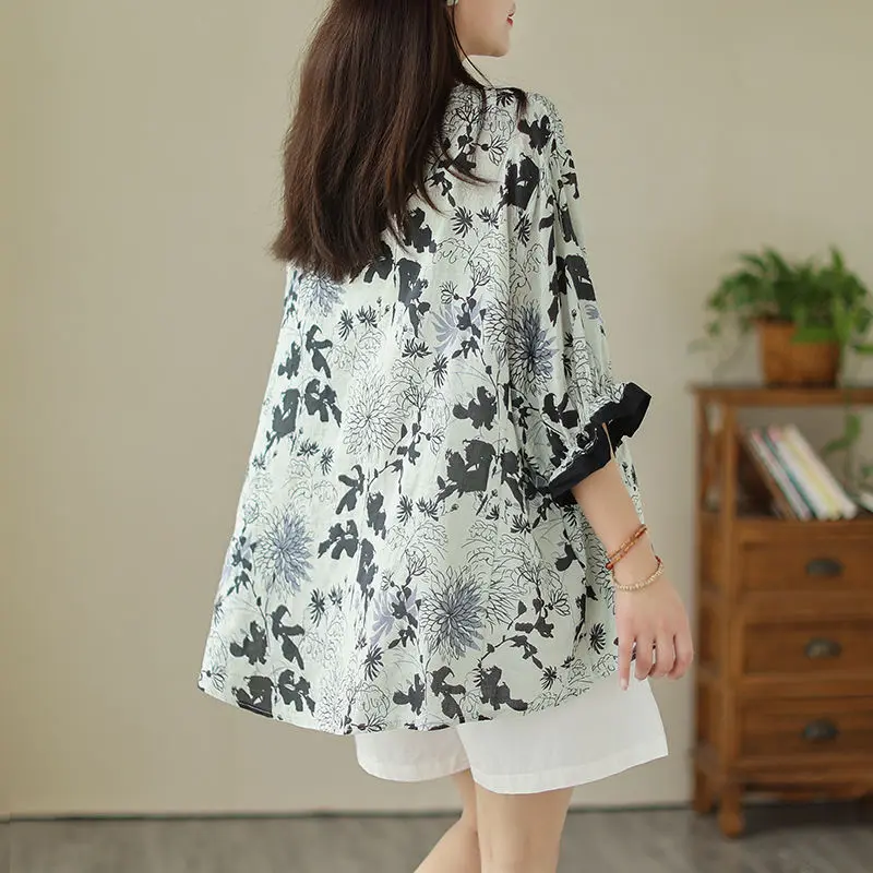 Temperament Printing Summer Round Neck Women's Cotton Hemp Asymmetric Patchwork Fashion Short Sleeve Loose Fitting Shirt Tops