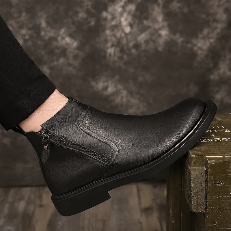 Men's Short Boots 2025 Autumn/Winter Cowhide Round Head Zipper Boots Mid Top Men's Boots Korean Vintage Boots Men