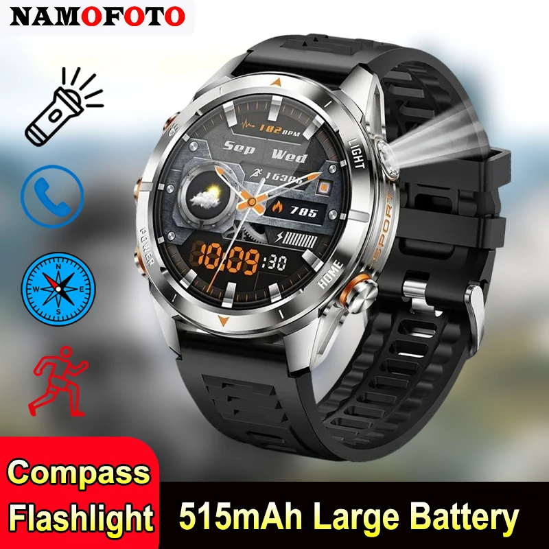 

NAMOFOTO Men Smart Watch Strong Flashlight SOS Outdoor Sport Bluetooth Calling 1.46-inch Screen 515mAh Large Battery Smartwatch