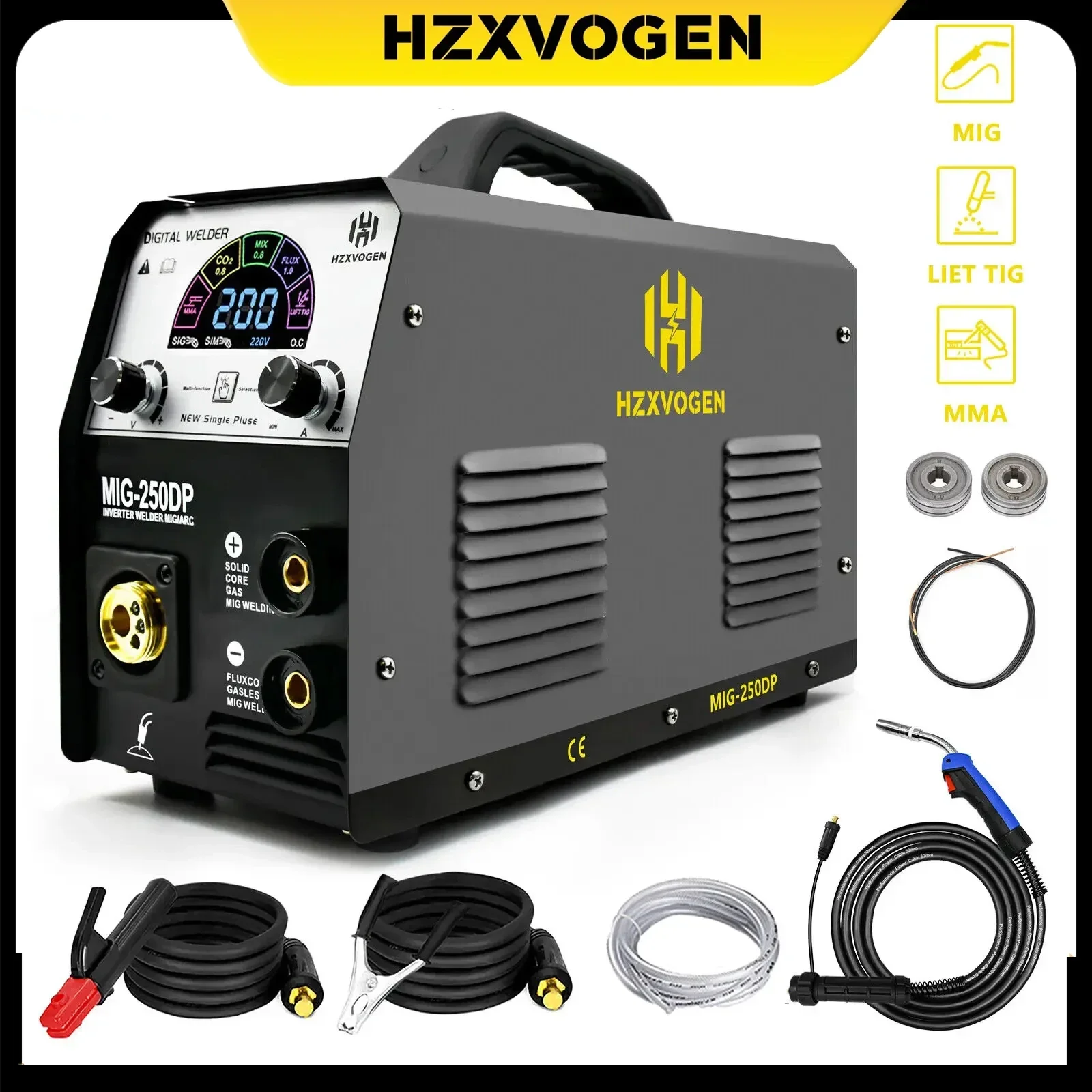 

HZXVOGEN MIG250DP 4 in 1 Aluminium Welder MIG/ARC/LIFT TIG Pulse Semi-automatic Welding Machine IGBT Inverter Digital Display