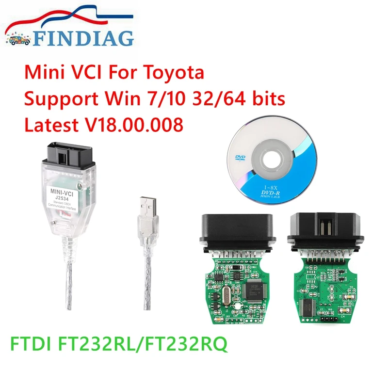 Mini VCI para Toyota TIS Techstream, FTDI para J2534, Auto Scanner, OBD, OBD2, Cabo de Diagnóstico Automóvel, V18.00.008