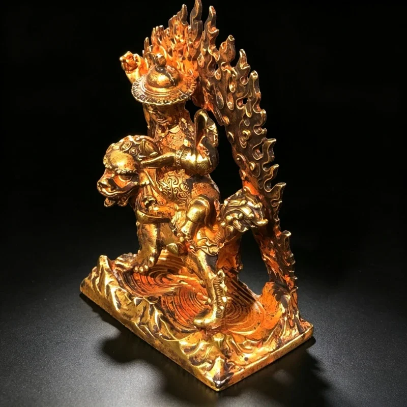 Vintage Tibetan Guardian Deity Statue Riding Lion Flame Mandorla Backplate Tantric Altar Ornament