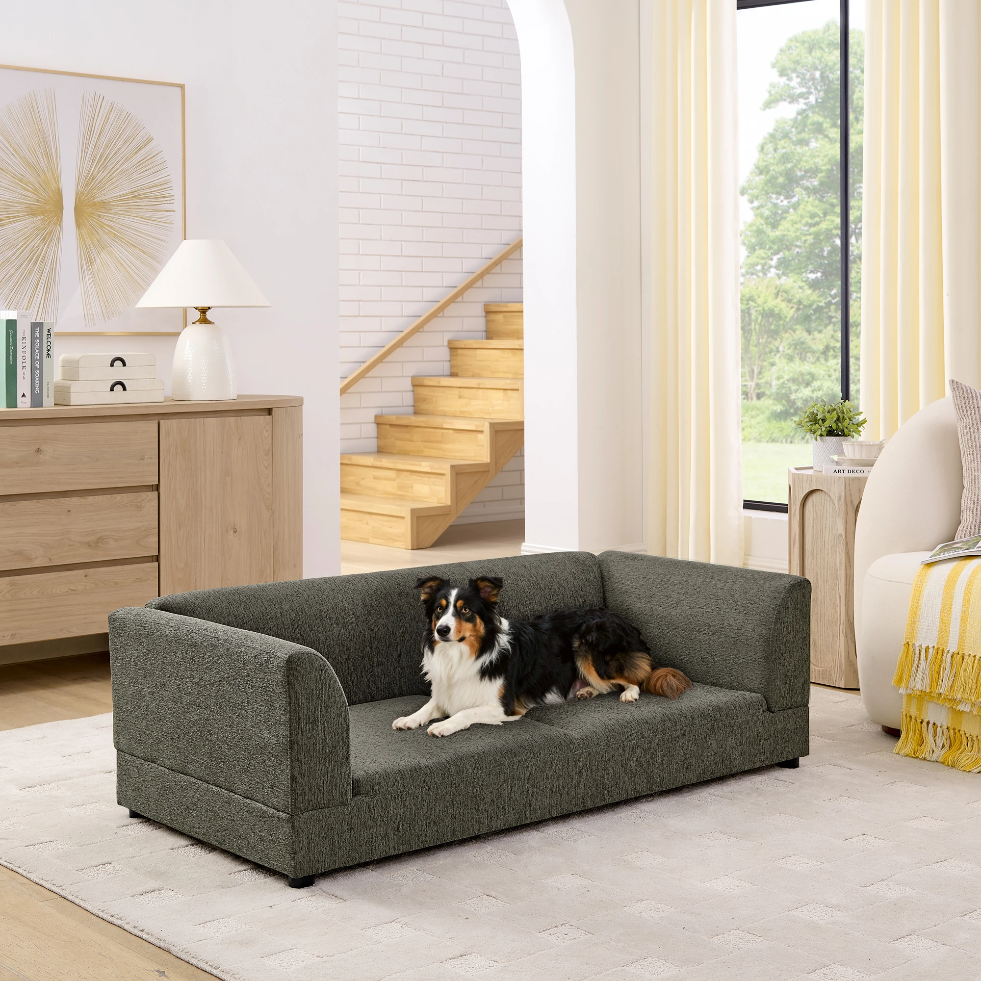 

Oversized Pet Sofa for Medium/Large Dogs, Modern Rectangular Design with Backrest, Armrests & Soft Cushion,Gray