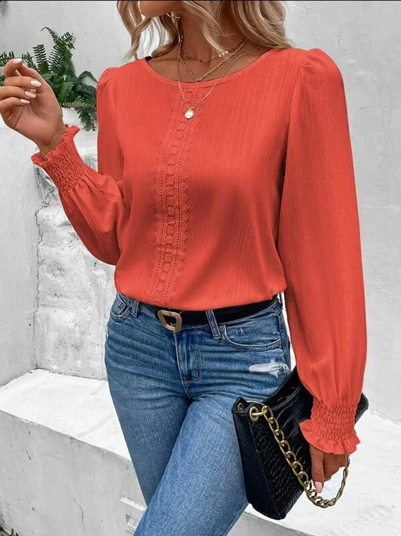 

Women's Elegant Pleated Cuffs, O-Neck Pullover, Centre, Solid Color, Lace Decoration Blouse, Female Commuter Casual Knitted Tops