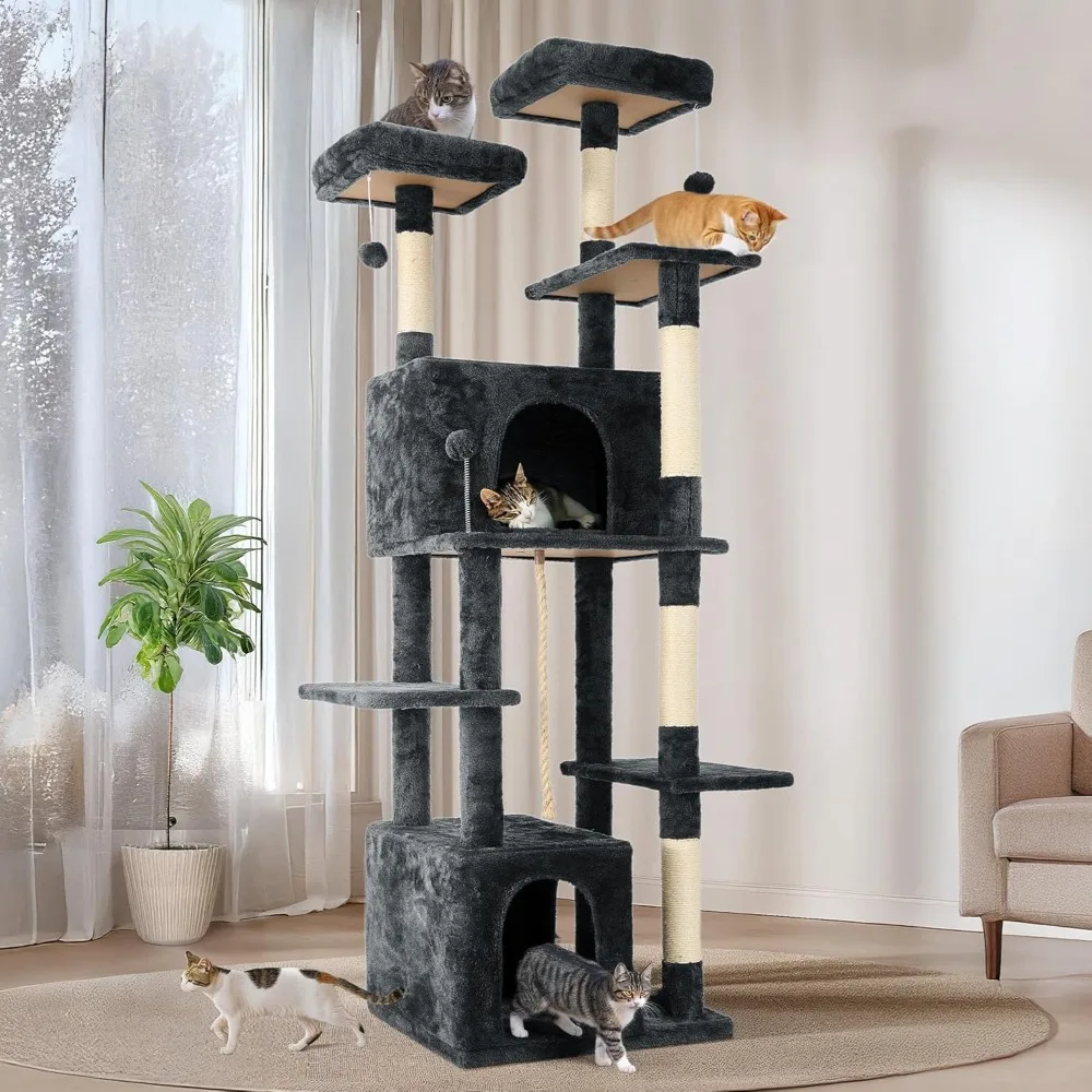 Menara Pohon Kucing Besar 69 Inci untuk Kucing Dalam Ruangan dengan Bola Gantung Mewah Lembut, Dua Kondominium, Tiang Goresan Sisal & Permainan Tali untuk Anak Kucing/Adu