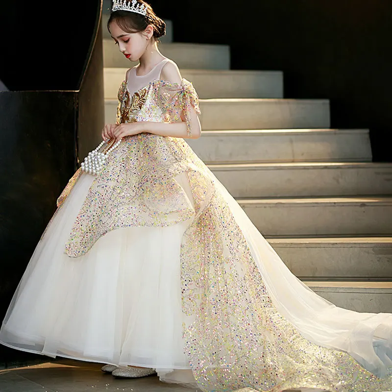 Kids Girls Luxury Elegant Banquet Dress Little Girls Glitter Sequin Cocktail Prom Dresses 3-14 Years Teen Girls Performance