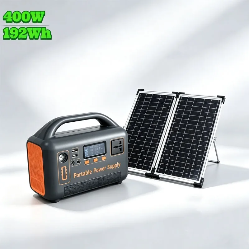 LiFePO4 220V Portable Power Station Solar Generator with Camp Solar Panel, 400W 192Wh Power Bank, Multiple Power Output Modes