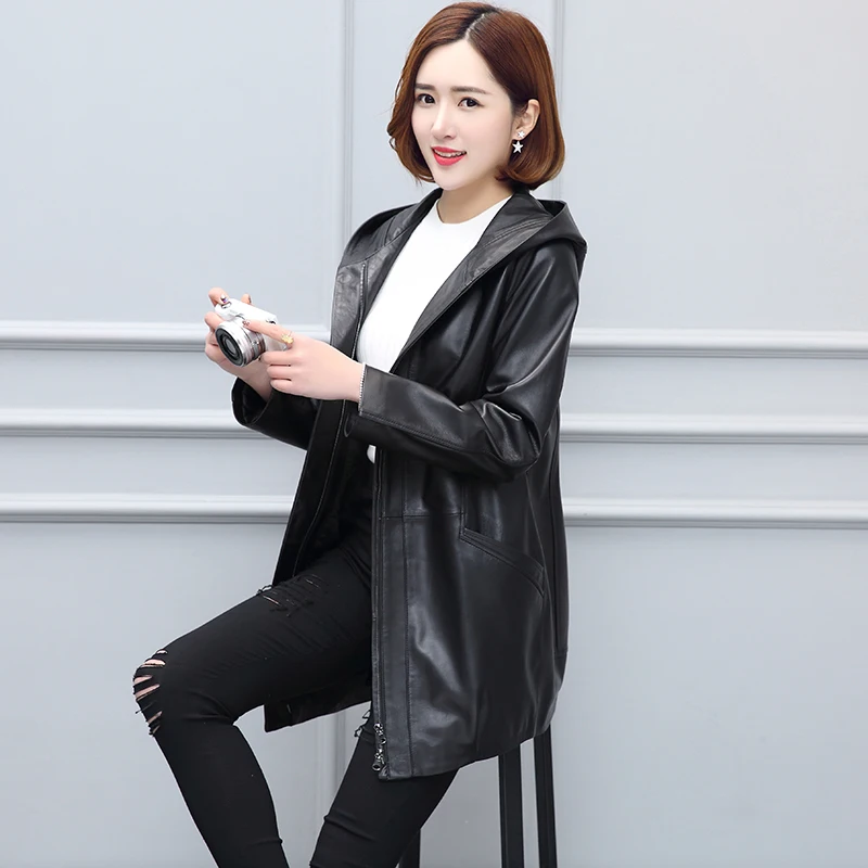 AYUNSUE New Genuine Leather Jacket for Women Hooded Sheepskin Coat Women Black Leather Jackets Trench Coats Chaqueta Cuero Mujer