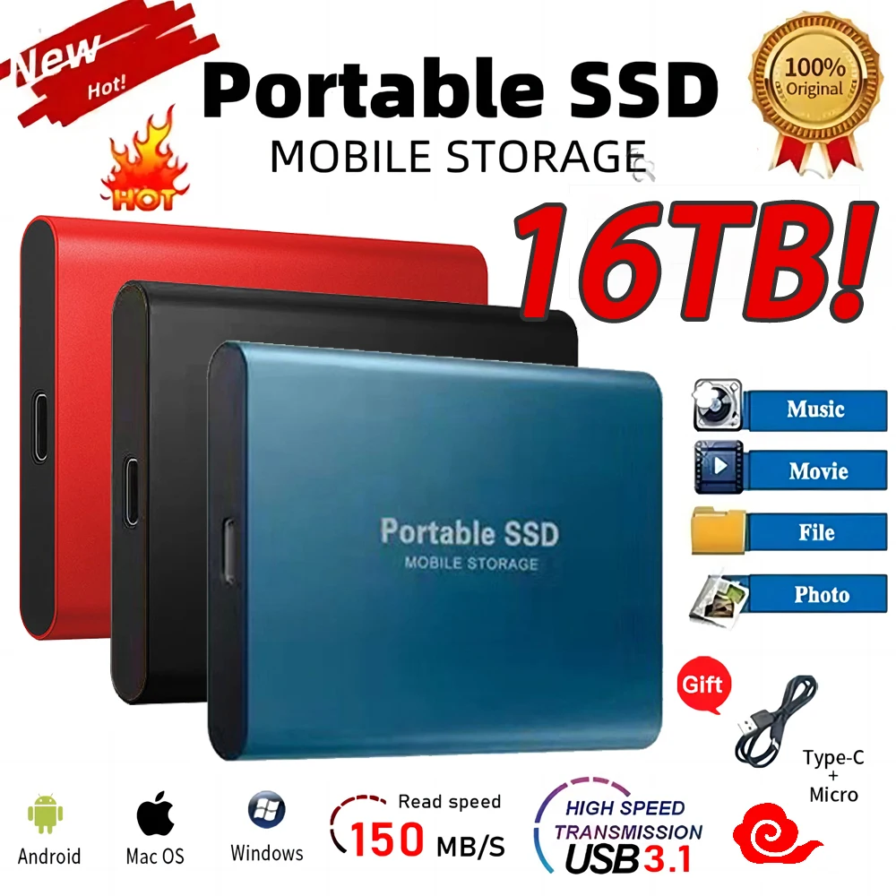Large Capacity 16TB External Hard Drive 2TB/4TB Solid-state Drive USB3.1 High-speed Transmission Device For Laptop/MAC/Phone