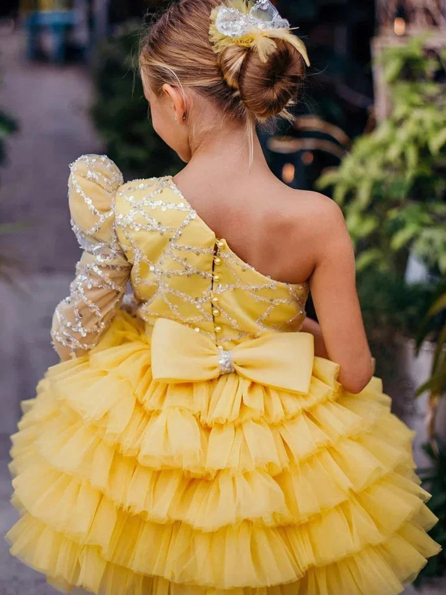 Yellow Sequin Tulle Puffy Single Shoulder Flower Girl Dress Pearl Bow Kids Birthday Party Ball Gown Princess Dresses For Wedding