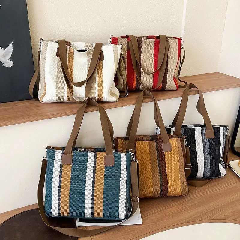 

Large Tote Bag for women's Striped Crossbody Canvas Bag 2023 New Trendy Versatile Class Commuting Shoulder Bag
