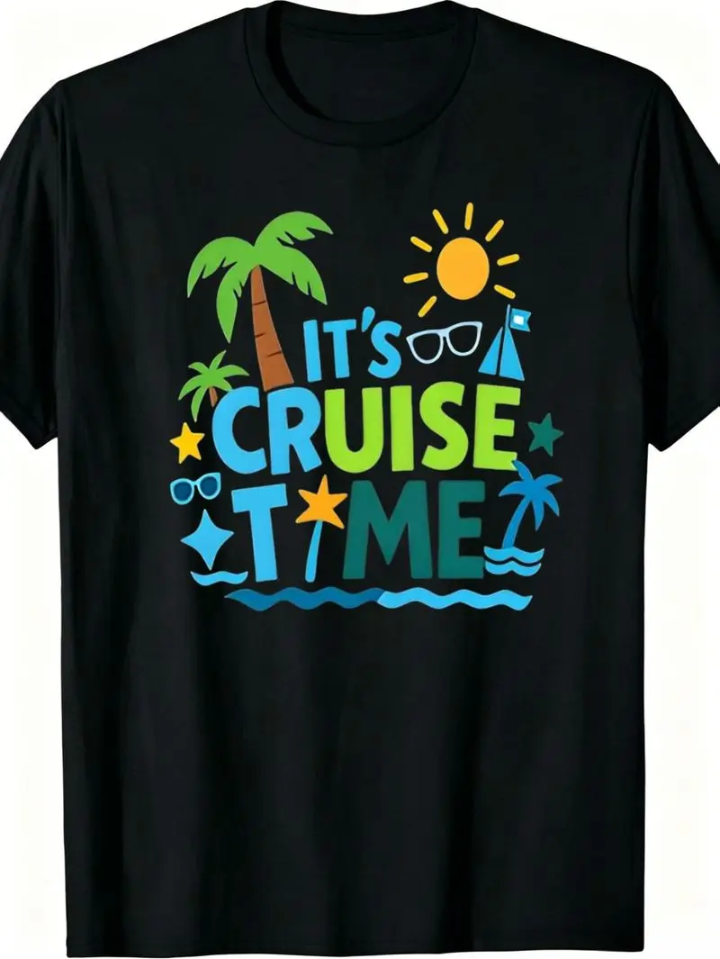 Men'S T-Shirt Vacation Style It'S Cruise Time Print with Palm Tree Sun And Sailboat Graphic Soft Breathable Blend Casual Crew Neck Tee for Summer Vacations Cruises And Beach Trips