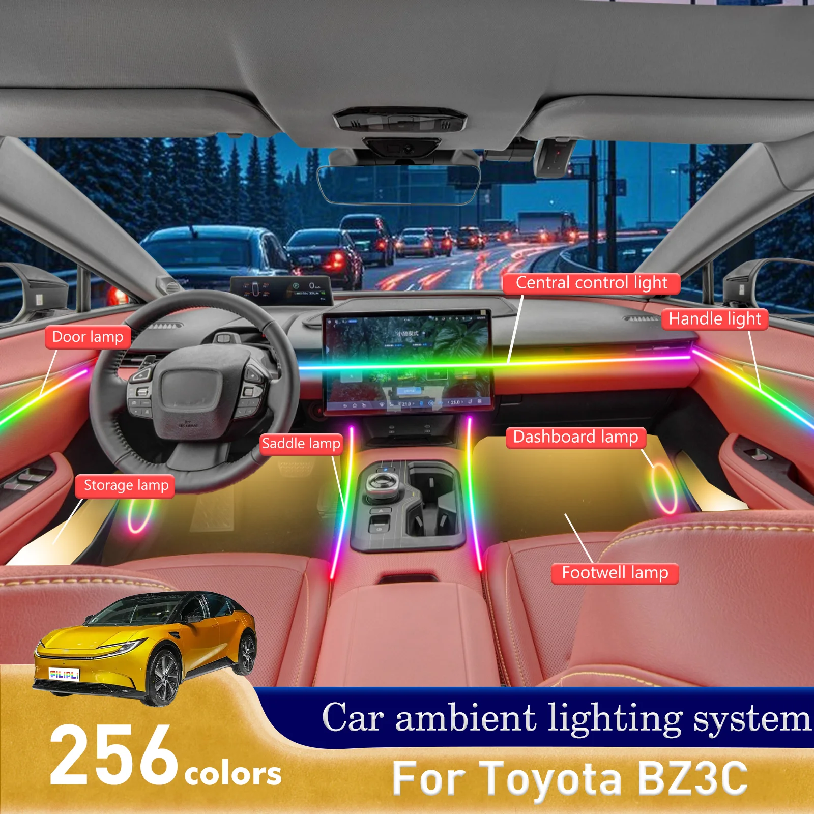 

For Toyota BZ3C RGB 64 Colors LED Car Interior Ambient Light Smart Remote Control Rainbow Acrylic Strip Set