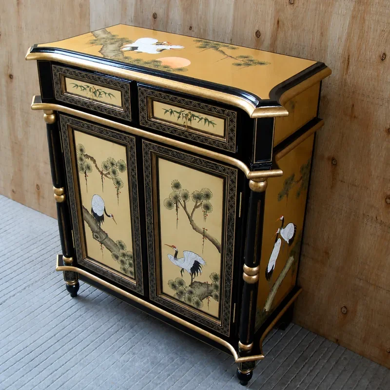 Hand Painted Pine Crane Entrance Cabinet Retro Living Room Decoration Storage Console Table Ming Qing Style Foyer Furniture