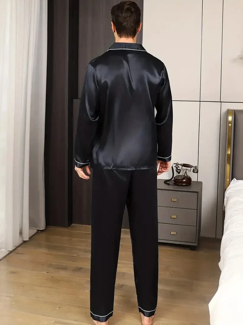 New Men Pajama Sets Spring Silk Satin Solid Color Men\'s Pajamas Big size Long Sleeve Pants Male Home Suit Sleepwear for Sleeping