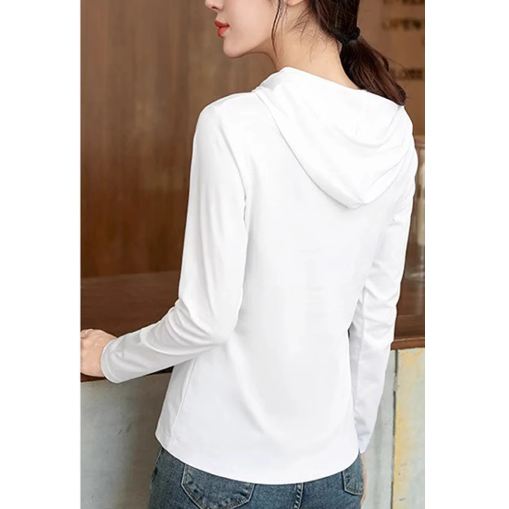 Silky cotton hooded sweatshirt T-shirt for women in spring 2025 new pure cotton versatile light luxury thin fashion base shirt