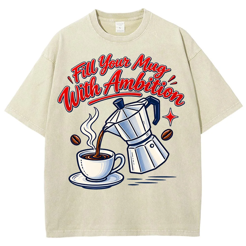 Women Coffee Lover Graphic T Shirt Fill Your Mug With Ambition Moka Pot Coffee Cup Print Short Sleeve Casual Tee Top