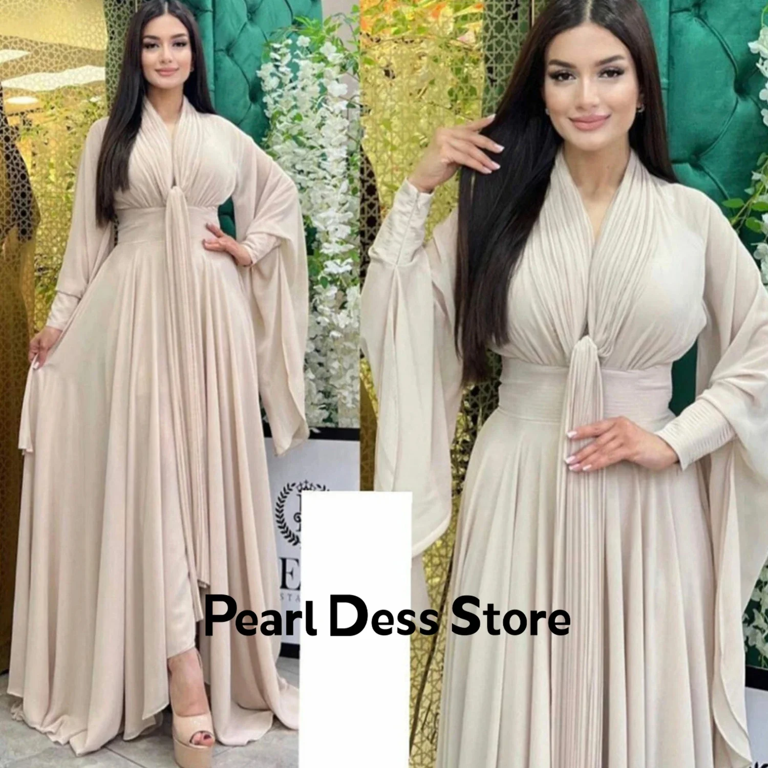 2024 Flare Sleeves Green Chiffon Silk Muslim Women's Ball Party Dress Robe De Soiree