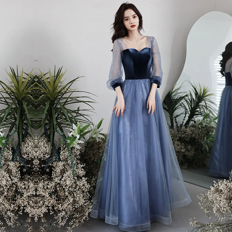 Blue Sexy Elegant Long Evening Prom Dresses New Beaded Mesh Long Sleeve A-line Formal Prom Dresses Temperament for Women Summer