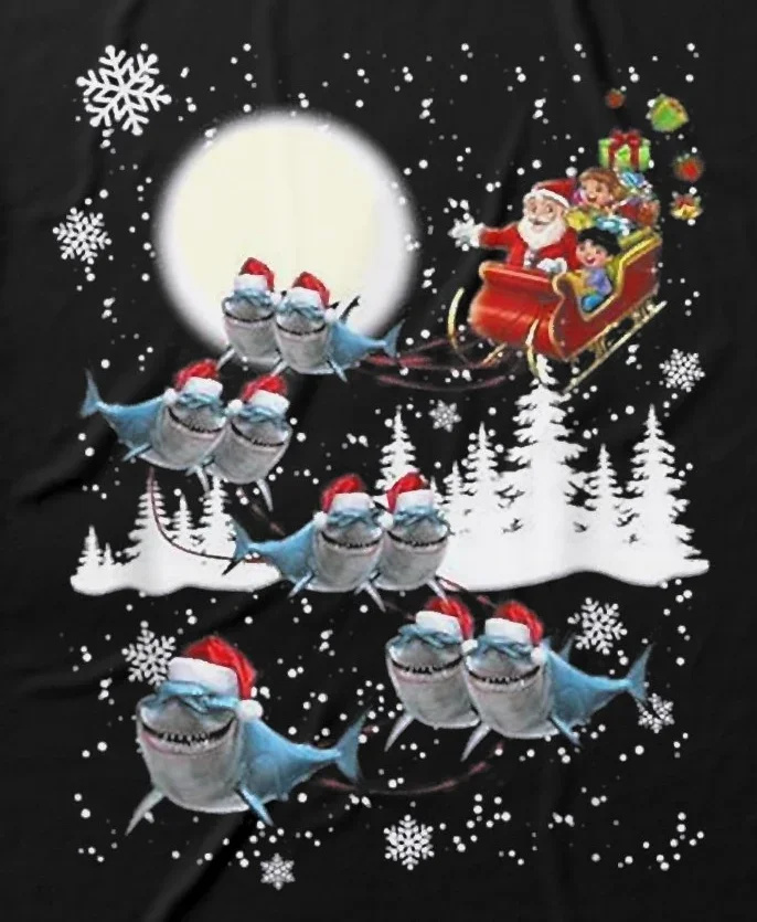 Santa Claus Riding Shark Sleigh Christmas Tree Xmas Gift T-Shirt 100% Cotton O-Neck Short Sleeve Casual Mens T-shirt Size S-3XL