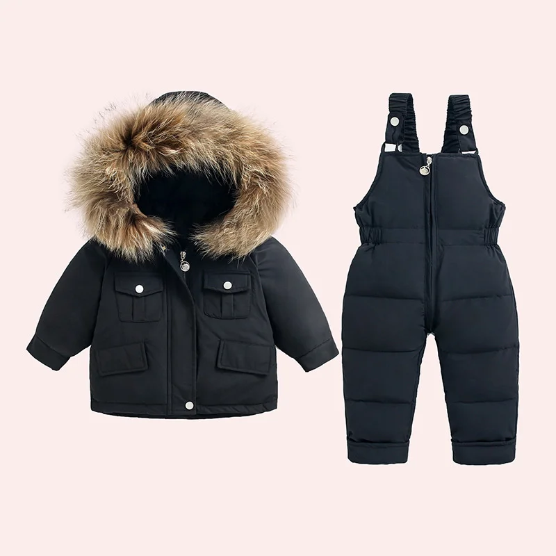 -30℃ Winter Thick Suit Down Warm Sets Boys Girls Hooded Jackets Overalls 2 Pcs Kids Parka Snowsuit Outfits 2-5 Years