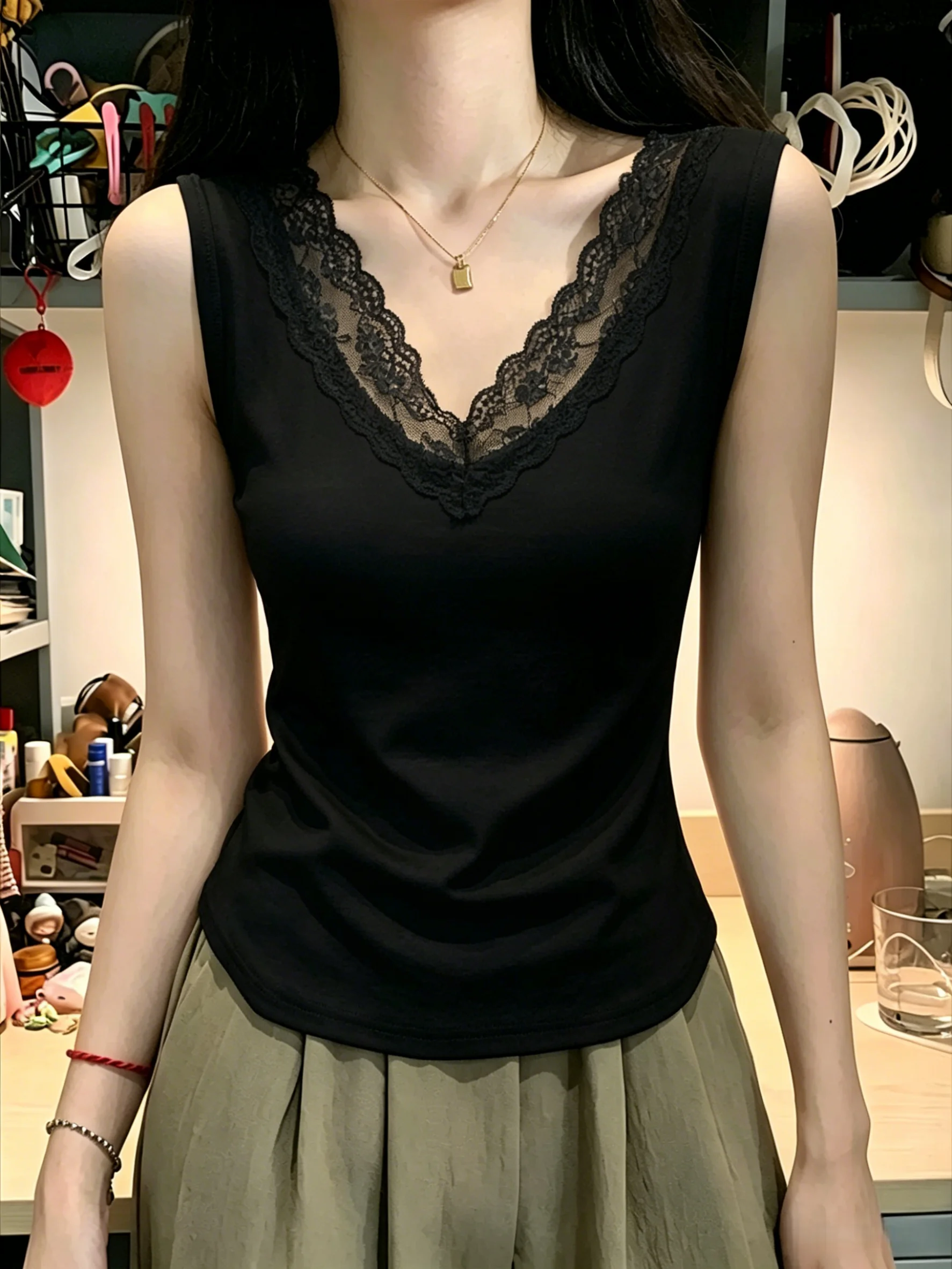 Women's Lace V-neck Strap Vest 95% Cotton Sleeveless Summer New Style plus Size Inner Wear Outer Wear Slim Fit Top
