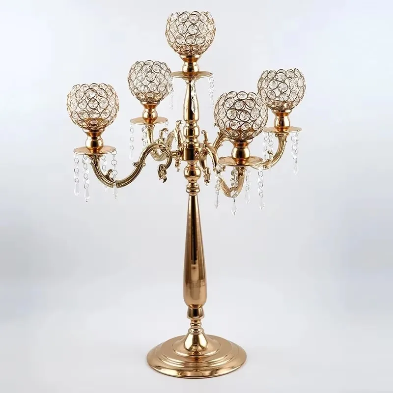 5pcs )New style Acrylic 5-arms metal candelabras with crystal pendants wedding candle holder centerpiece party decor