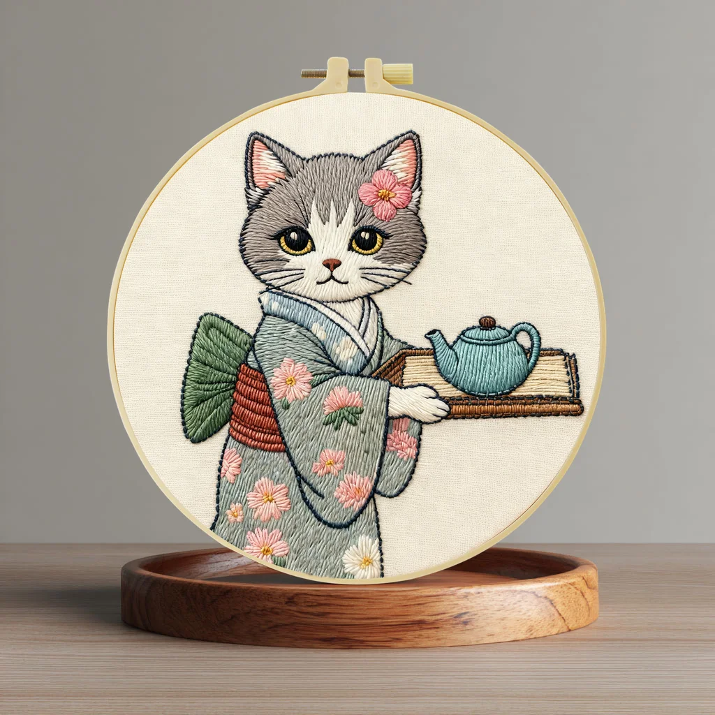 1pc 20X20CM/15X15CM Cat Cat Tea Embroidery Starter Kit DIY Cross Stitch Sewing Art for Gift