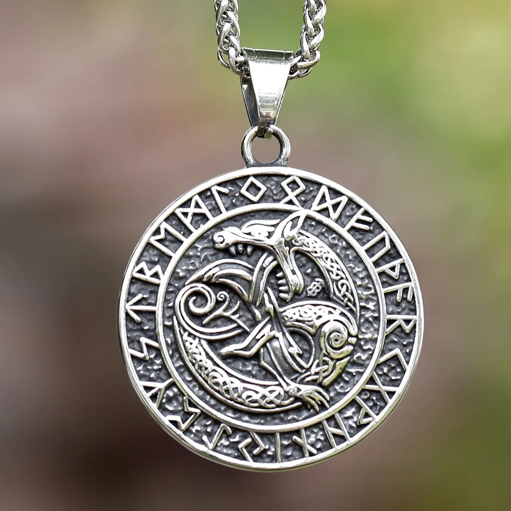 2024 New Style Stainless Steel Viking Double Wolf Pendant Viking Runes Amulet The Helm Of Awe Jewelry For Men Wholesale