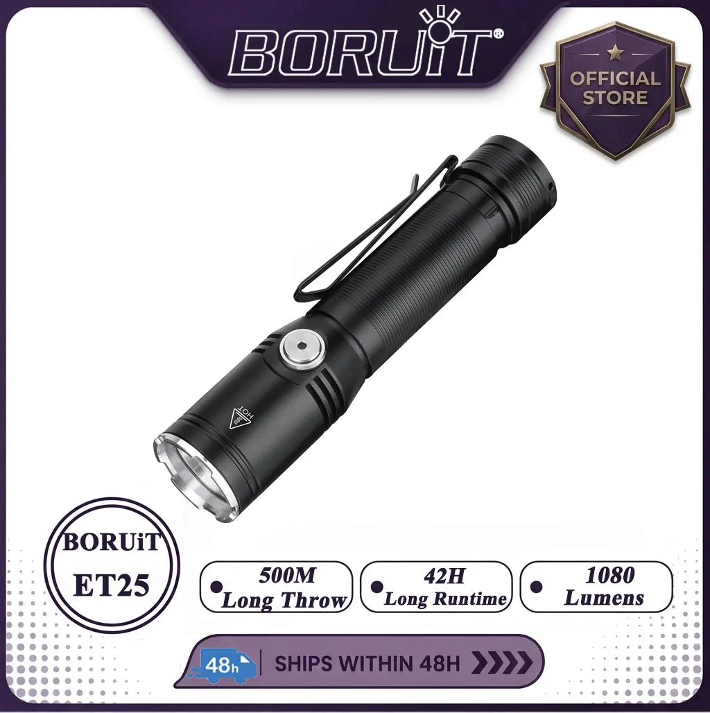 BORUiT 1080LM 500M Long Throw Flashlight EDC Type-C Rechargeable Torch Magnetic Waterproof Outdoor Camping Tactical Flashlight