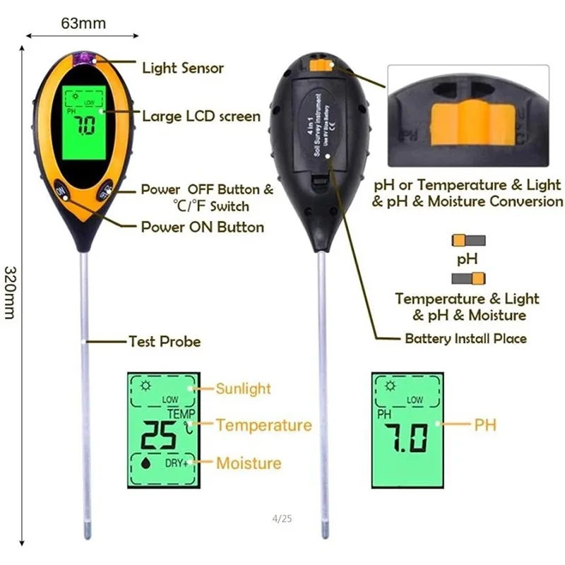 Allsome 2023 Digital 4 in 1 Soil PH Meter Moisture Monitor Temperature Sunlight Tester for Gardening Plants Farming