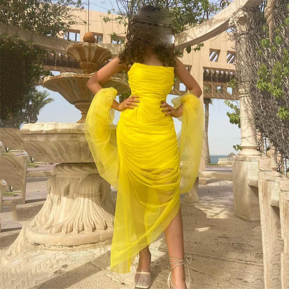 

Fashionvane Yellow Tulle Prom Dresses Summer Ladies Wear Strapless Pick Ups Cocktail Party Dress with Wrap Special Occasion Gown