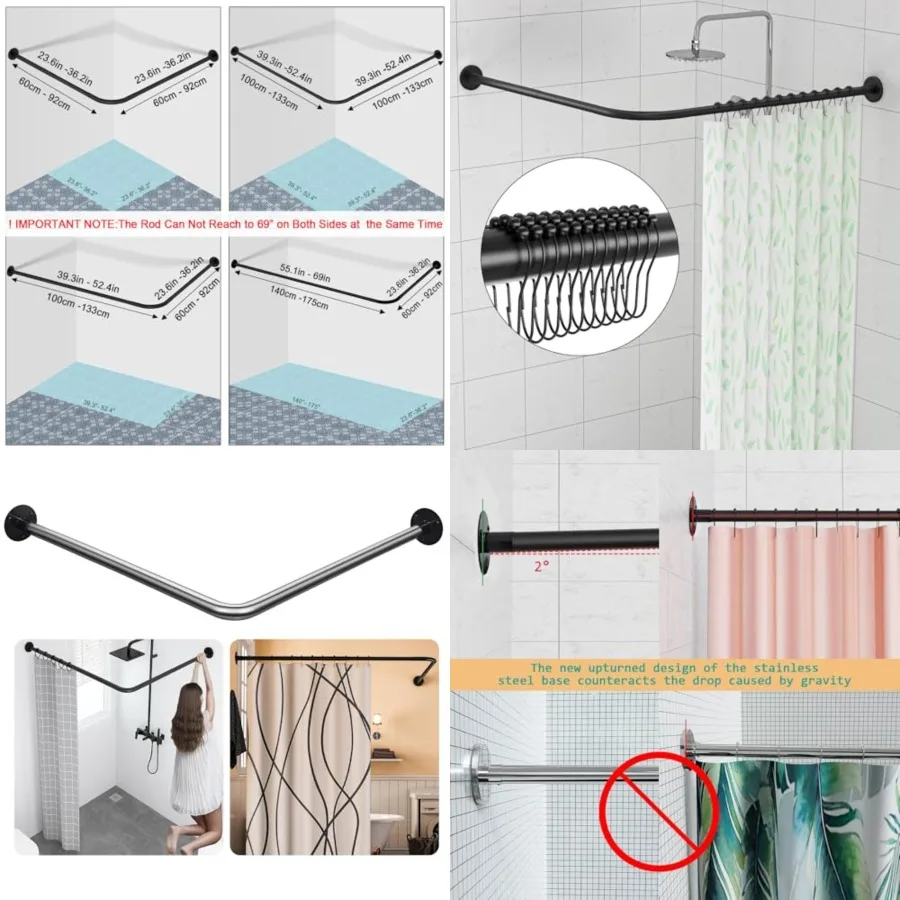 

Corner Shower Curtain Rod, Black Adjustable, Unsagging, Drill-free Install, 304 Stainless steel 90Curved Rod, Max Size 24-37 x