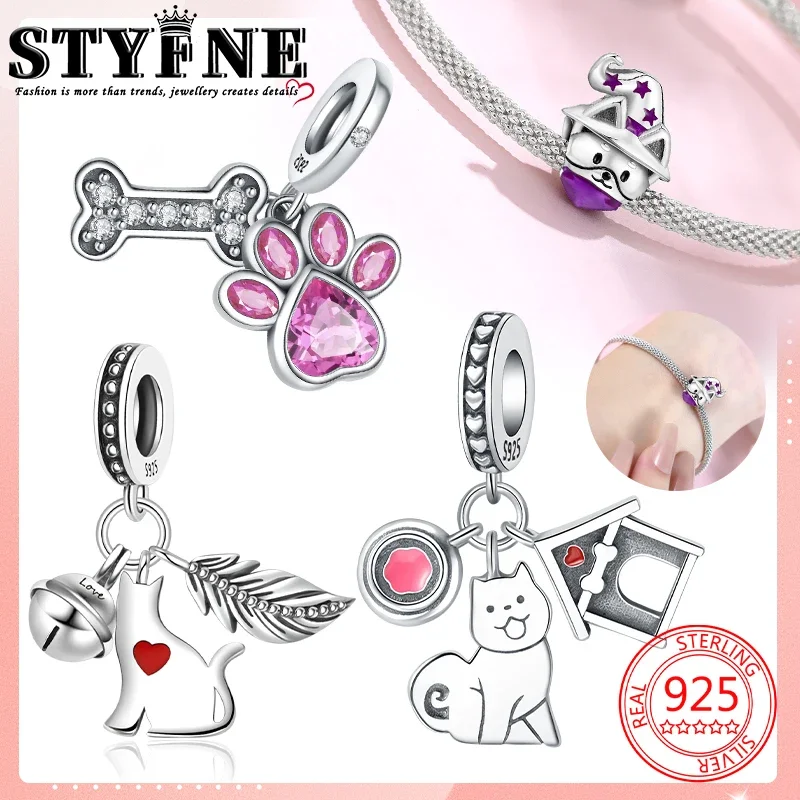 Animals Pets Beads 925 Sterling Silver Drip Magic Hat Sun Puppy Kitten Play Ball Pink Moe Paw Bone Charms Bracelets Jewelry Gift