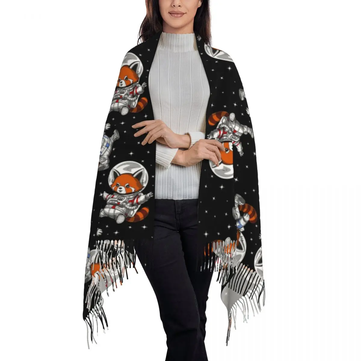 Red Panda Bear Astronauts Scarf Tassel Scarves for Women Soft Warm Shawls and Wraps Large Fall Winter Shawl Wrap