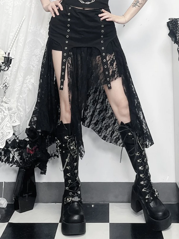 Altgoth gótico escuro renda saia feminina streetwear vintage sexy ver através ilhó bainha irregular saia harajuku cyber punk clubwear