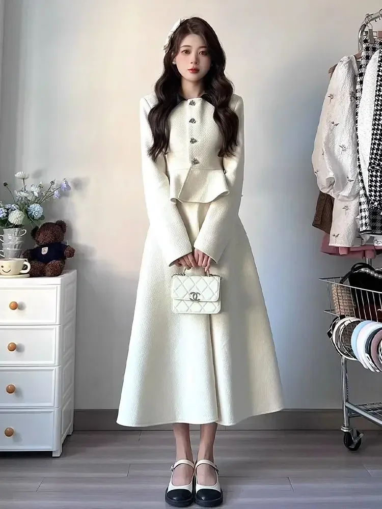 Insozkdg Autumn Winter Skirt Suits Elegant High-End Feel Long Sleeved Single Breasted Top + Half-Length Skirt Two-Piece Women