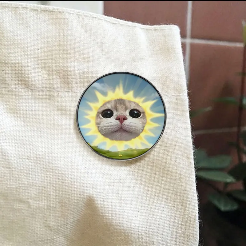 Cute Cat Face Sun Enamel Pin Healing Kitten Surreal Cartoon Happy Vibes Badge Brooch Lapel Accessory Gift For Girls