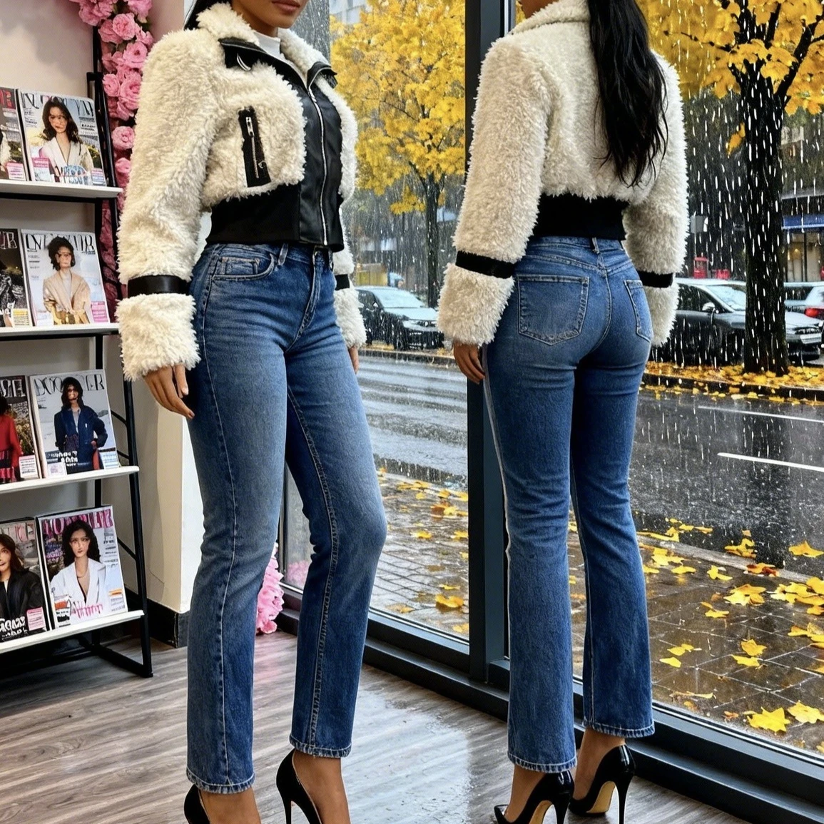 Damska skórzana kurtka z przeszyciami, pikowana, z polaru, krótka, z kołnierzem, z długim rękawem, zapinana na zamek, dopasowana, codzienna, jesień-zima 2025