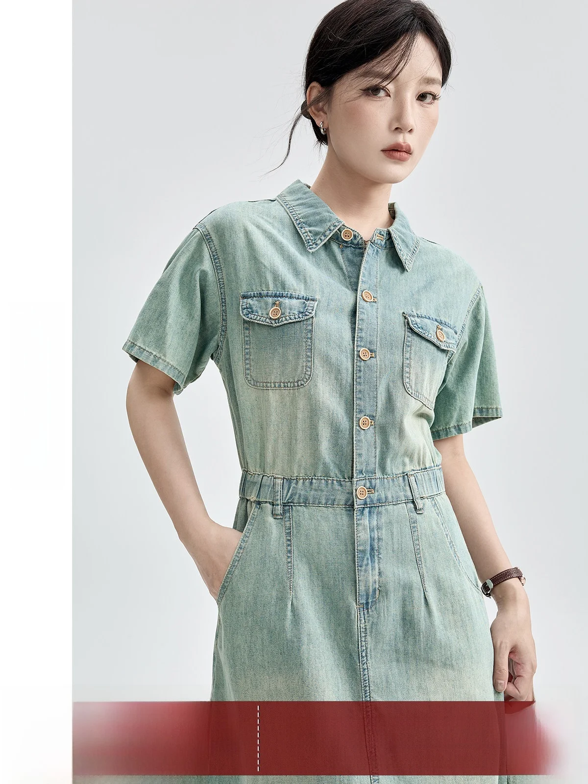 

Guier Women's Denim Dress High Waist A-Line Skirt Short Sleeve Collar Single Button Closure Summer Vintage Washed Split