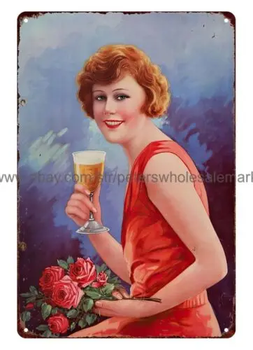 1920s Girl Red Lipped Flapper with Beer metal tin sign home kitchen art plaque