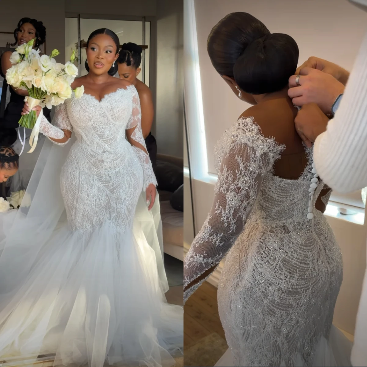 Off The Shoulder Long Sleeve Lace Mermaid Luxury Wedding Dress For African Black Women Bridal Dress Vestidos De Novia Customized