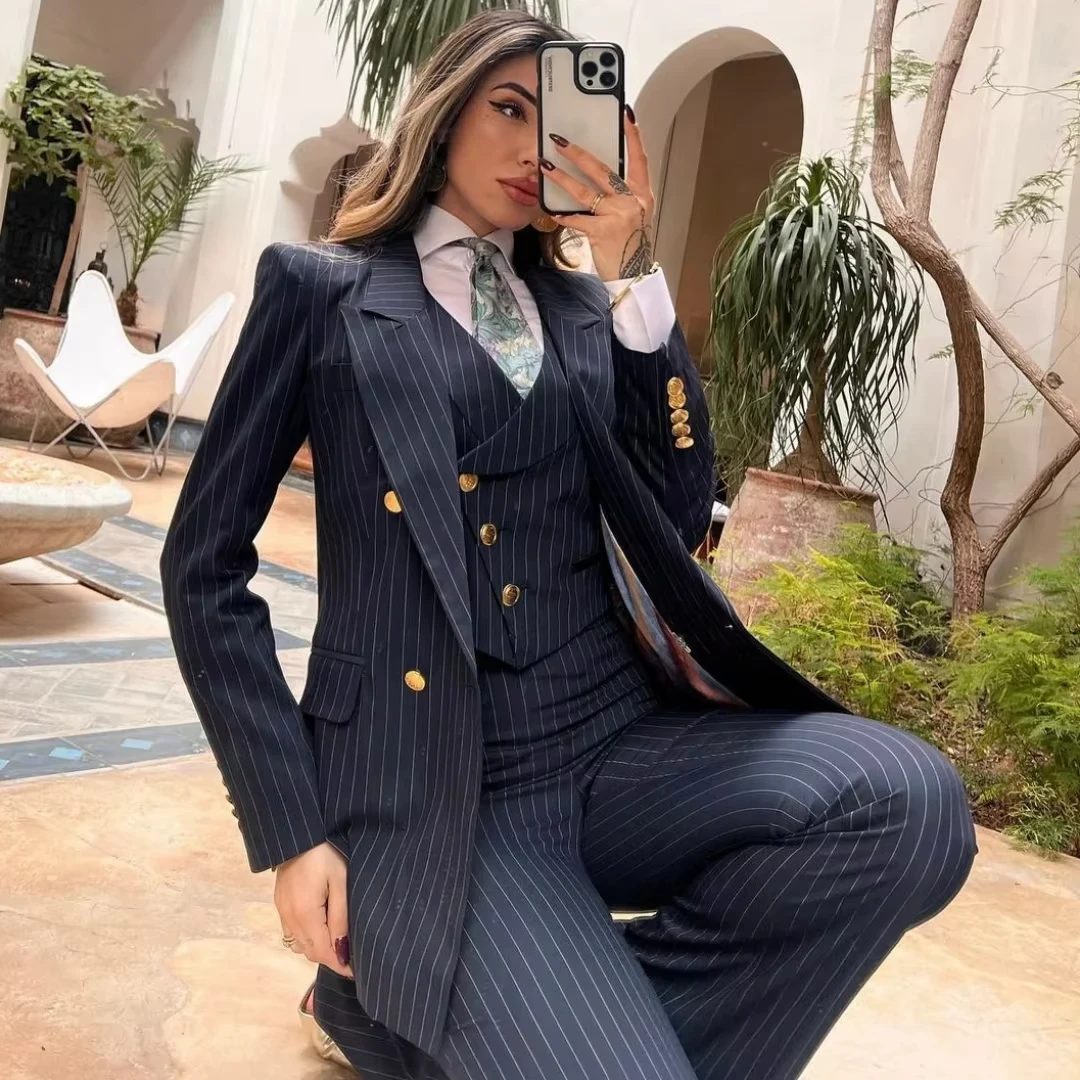 

Women Suit 3 Pieces Navy Blue Striped Double Button For Wedding Party Business Work Daily Commute Shopping Blazer Vest Pants