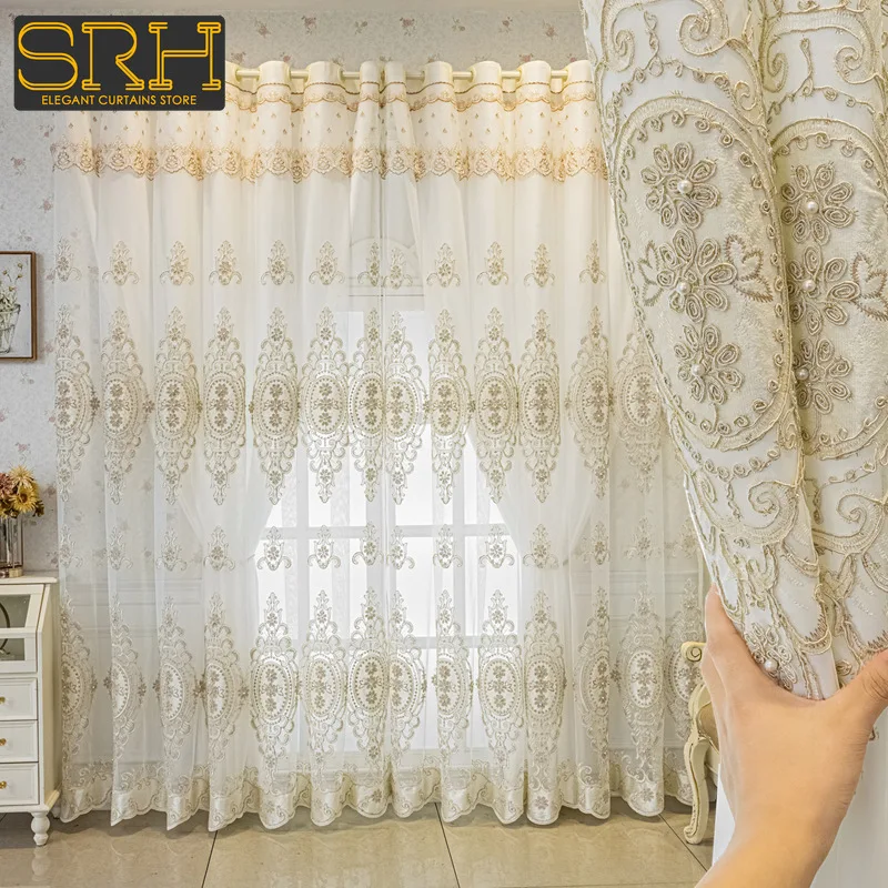 

European Double-layer Embroidered Gauze Integrated Curtains for Bedroom and Living Room Semi-shading Finished Lace Tulle Cortina