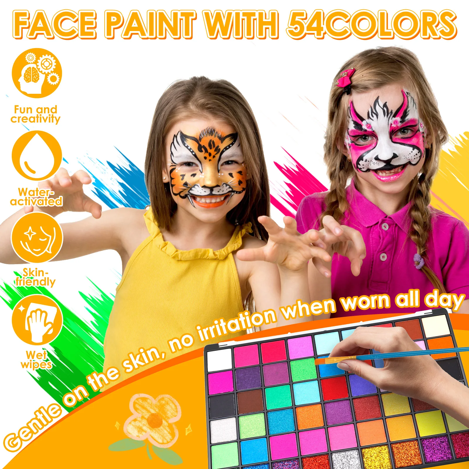 15/54 Color Face Painting Kit Water Activated Face Paint Palette Facepaint Makeup Kit with Brush Face Painting Set for Kid Adult