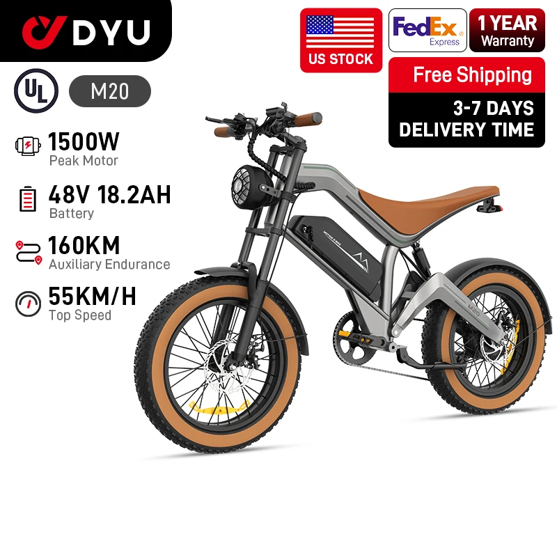 

M20 Electric Bicycle Peak 1500W Motor 48V18.2AH Lithium Battery Electric Bike Hydraulic Brake 20*4.0 Inch Fat Tire E-bike