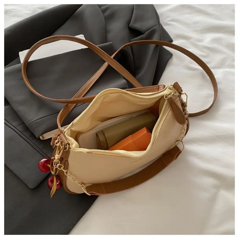 

PU Leather Underarm Bag Zipper Closure With Cherry Pendant Shoulder Bag Adjustable Strap Handbag For Ladies and Girls