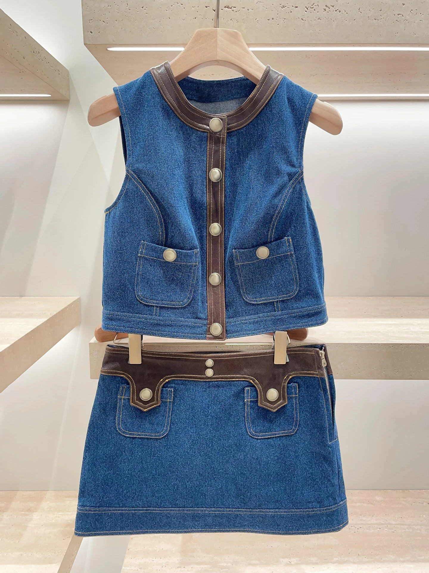S Home Nan You High End Damen Faion Summer 2025, Small Fraance Sle Denim Weste, Top + Rock, Set aus Polyesterfaser, aber...